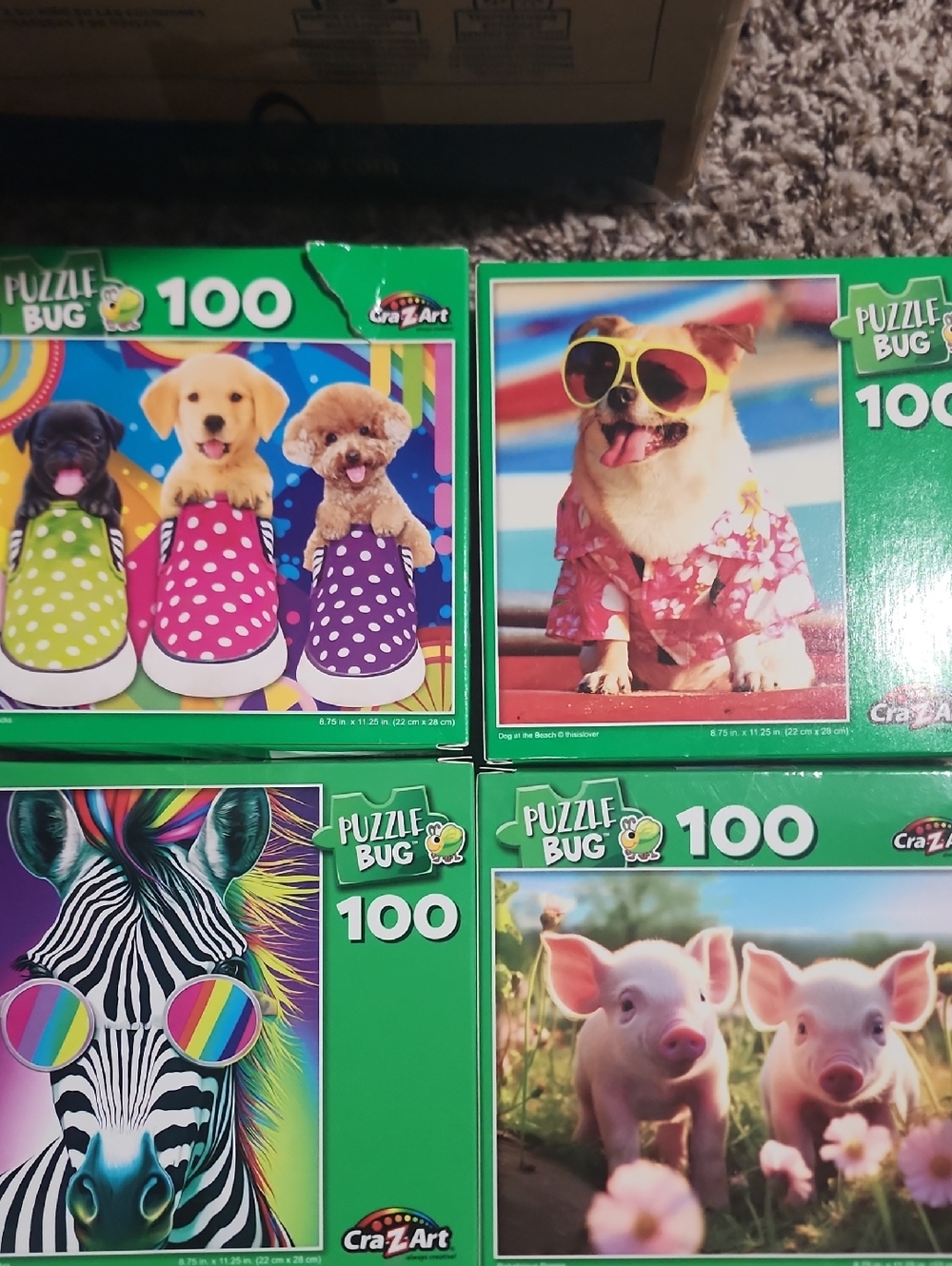 Puzzle Bug 100-Piece Cute Animals Puzzle Set - Green Boxes 4pk